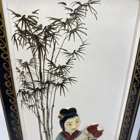 Vtg Asian Handpainted 4 Panel Tabletop Screen Three Dimensional Carved Women 14” - Picture 6 of 12